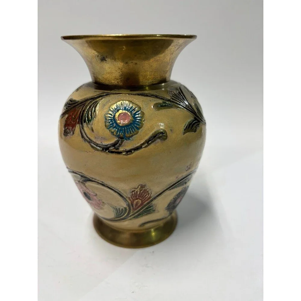 Vintage Brass Enamel Floral Vase Hand Painted India Etched Gold Tone 5